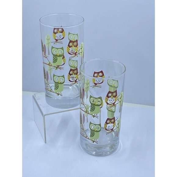 VTG Libbey By CRISA Glasses OWLS Green Maroon Brown MCM 70’s Set Of 2 - Picture 1 of 6